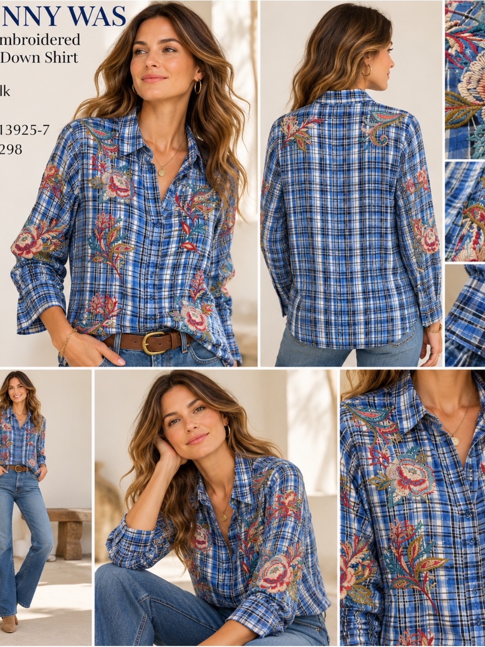Johnny Was Alexa Embroidered Plaid Silk Button Down Shirt Blue M NWT